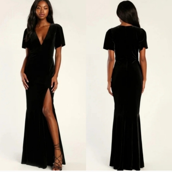 Lulu's Elegant Evenings Black Velvet Flutter Sleeve Trumpet Maxi Dress Size 3X - Picture 1 of 10